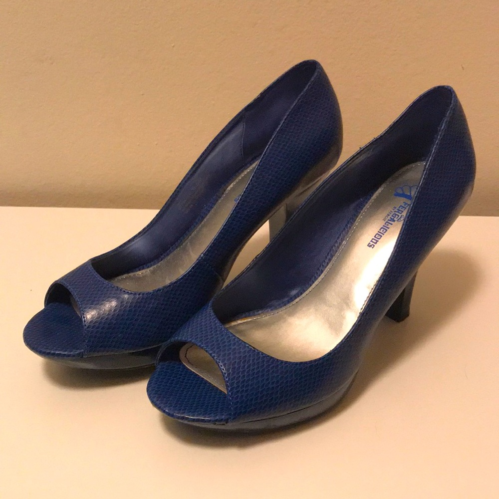 Fergalicious Blue Gem peep toe heels